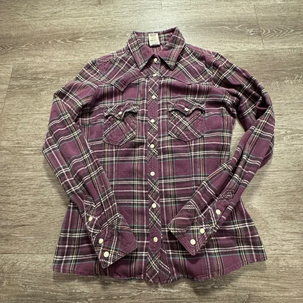 True Religion Western Shirt Mens M Purple Plaid Cotton Flannel Pearl Snap Cowboy